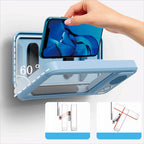 Smartphone with a blue case held by a hand, displaying a 60-degree angle on a white background.