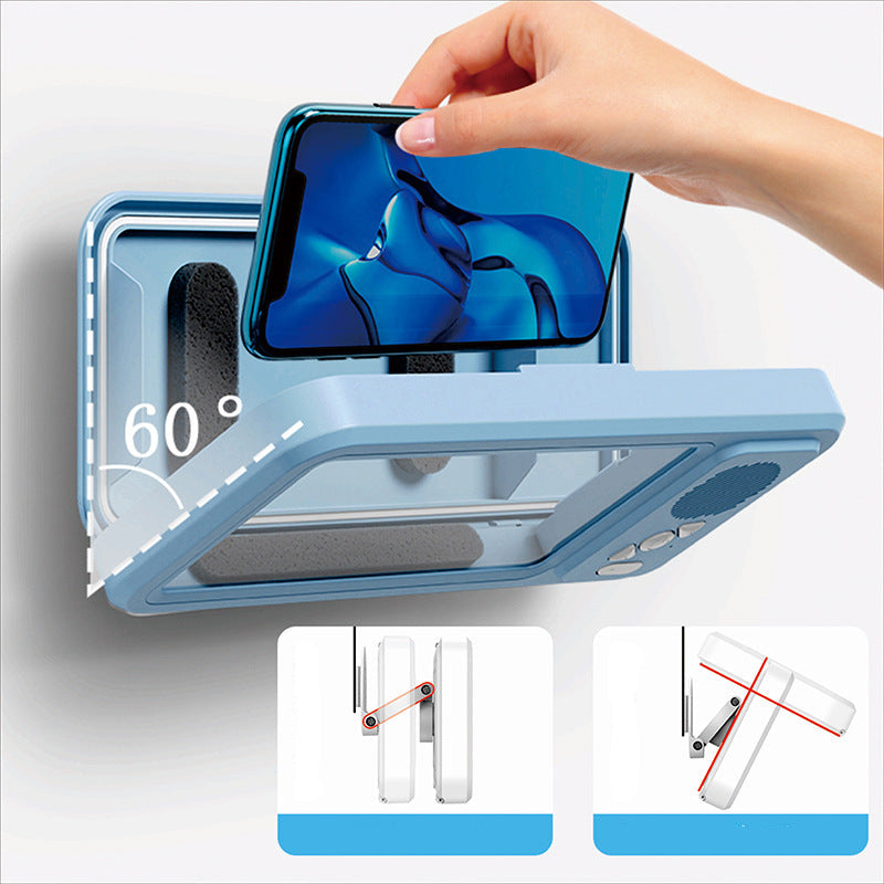 Smartphone with a blue case held by a hand, displaying a 60-degree angle on a white background.