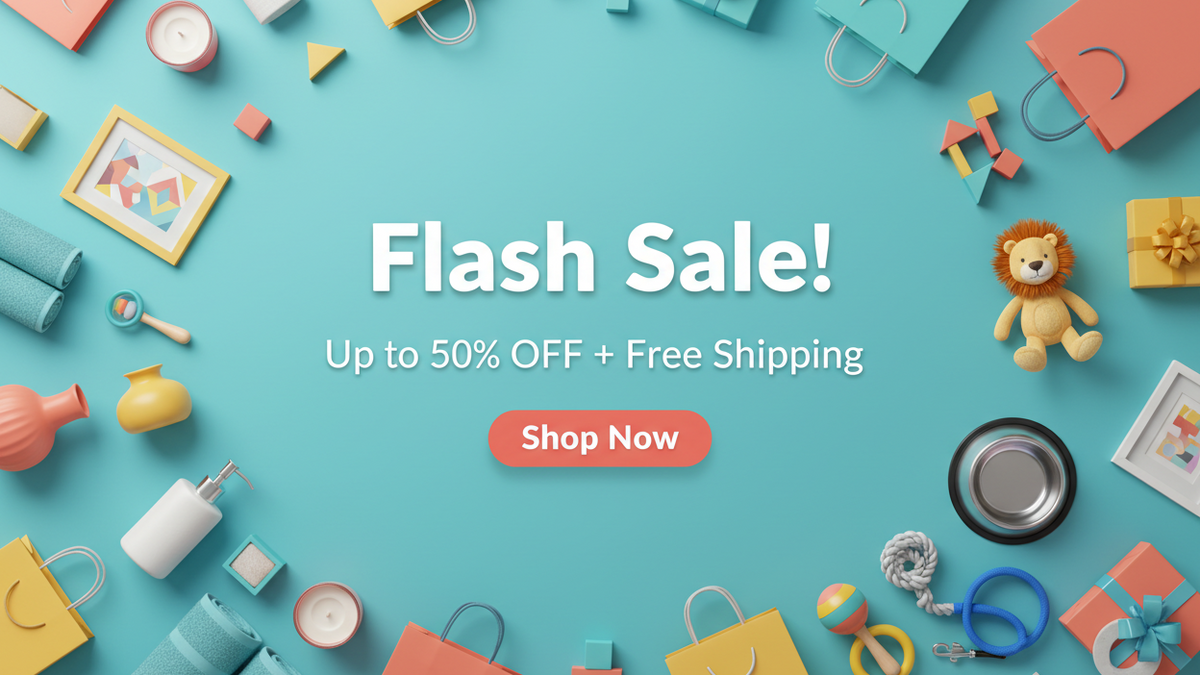 A promotional banner with the text 'Flash Sale! Up to 50% OFF + Free Shipping' and a 'Shop Now' button on a bright cyan background, surrounded by colorful shopping bags, boxes, candles, toys, and small objects in a flat-lay arrangement.